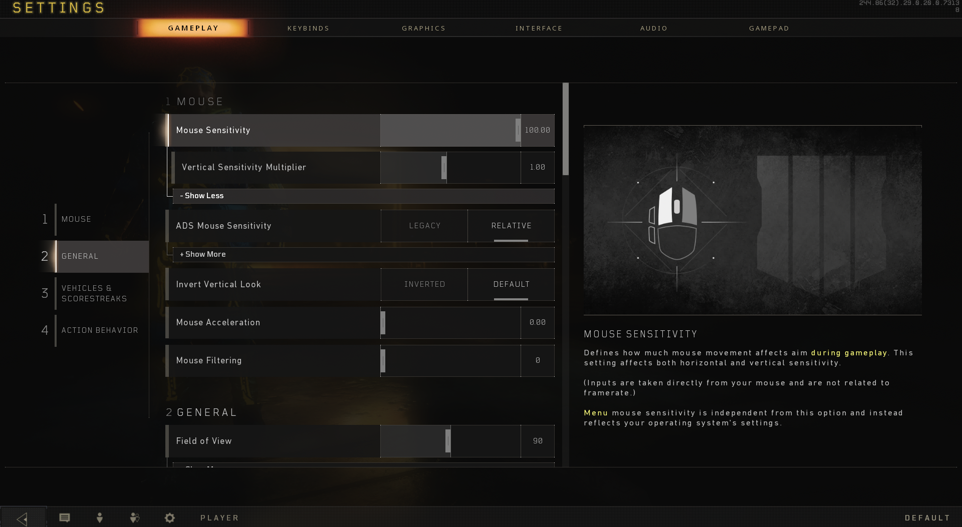 Improved Precision Accessible Games Home Of Apx - a screenshot of the mouse sensitivity gameplay settings in call of duty black