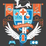 A crest like logo showing off various gaming items including a controller that looks like a PS4 controller and a controller that resembles the Xbox Adaptive Controller.