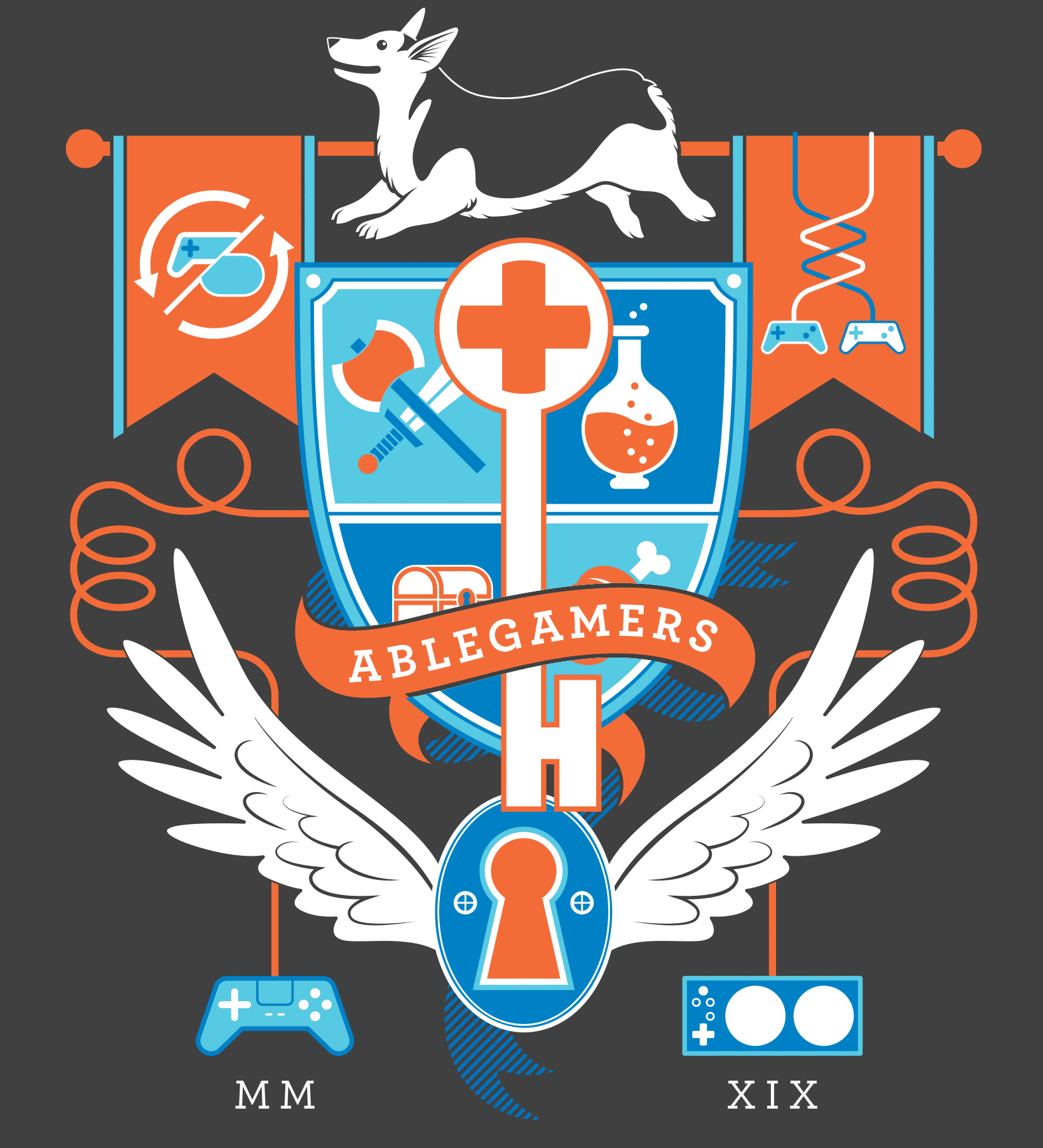 A crest like logo showing off various gaming items including a controller that looks like a PS4 controller and a controller that resembles the Xbox Adaptive Controller.